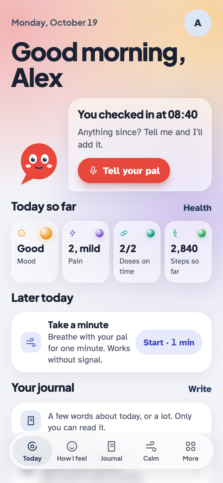 myHealthPal Today screen with Pal, an example daily check-in and everyday health records